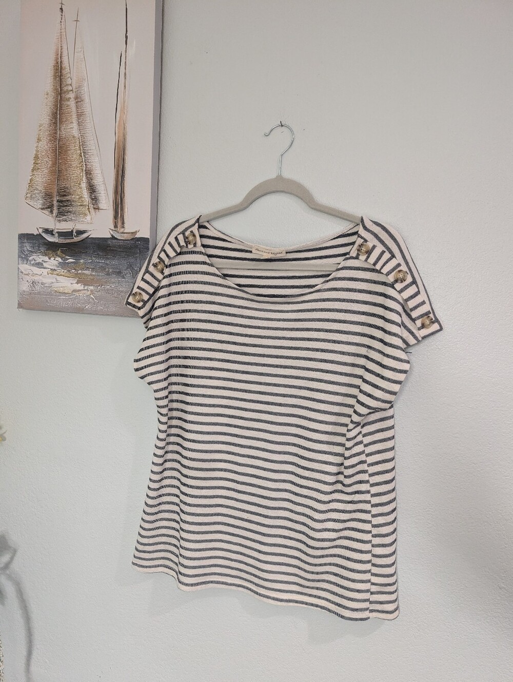 Above And Beyond Striped Short Sleeve Boatneck Top in Cream and Black Pet L